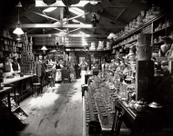 1890s New Zealand. Grocery shop interior, with staff, location unidentified